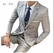 2017 new men’s suits Slim business casual Tibetan blue checkered four-season dress new wedding dress business casual men’s suit