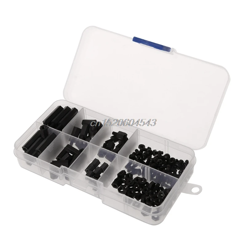 

160Pcs M3 Nylon Black M-F Hex Spacers Screw Nut Assortment Kit Stand off Set Box R07 Drop ship