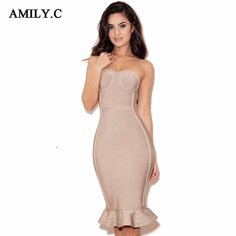 

Amily.c 2018 New Spring Women Bandage Dress Strapless Sexy Bodycon Dress Celebrity Party Black Apricot Fishtail Dresses Vestidos