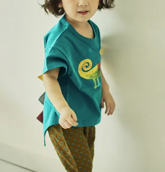 

2019 Summer Korean children's clothing new boys and girls small pure cotton dinosaur front short rear length sleeve T-shirt