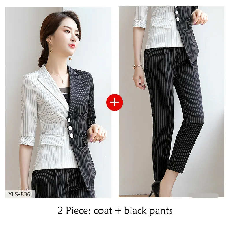 coat black pants Женский костюм весна лето средний рукав тонкий черный белый полосатый лоскутный Блейзер Офисная Леди Мода Работа Повседневный пиджак брюки костюмы - Цвет: coat black pants