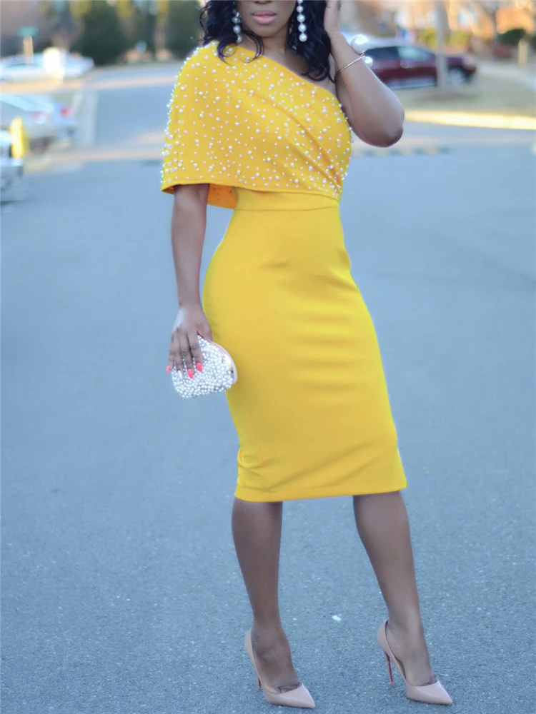 Для женщин желтого цвета на одно плечо вечерние платья с бисером Сексапильный облегающий короткий Стильный женский элегантное платье бодикон, платье-туника размера плюс Прямая