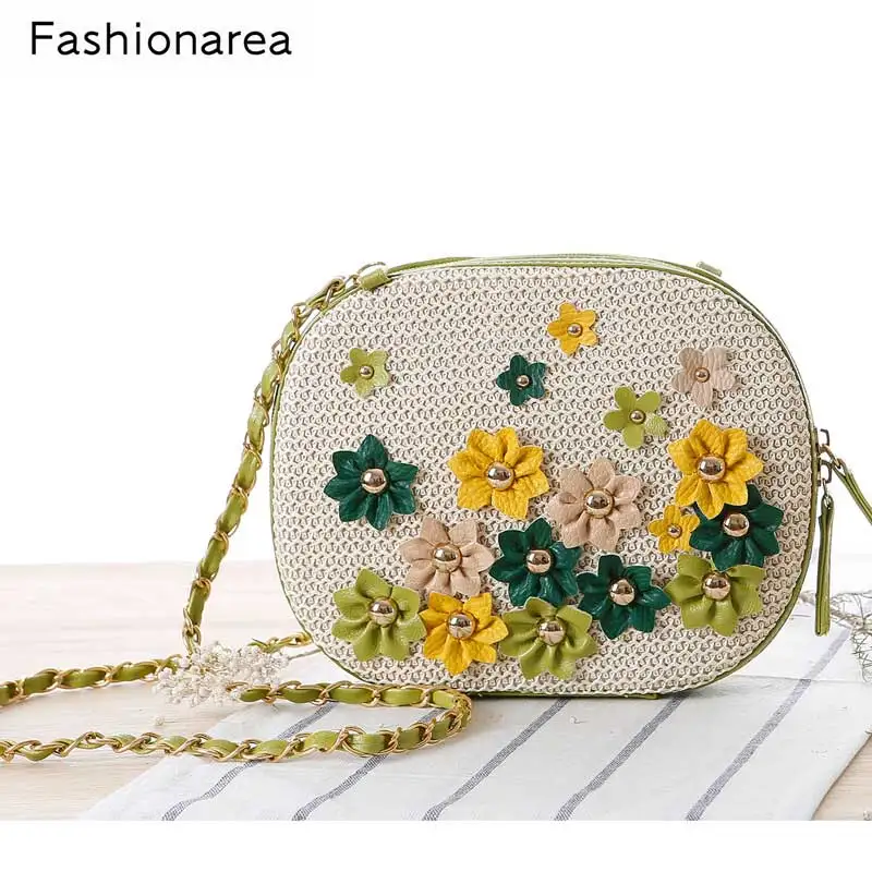 

2018 Summer Straw Mini Messenger Bag with PU Zipper Women Japan Fashion Beach Bag Floral Rivet Purse Handbag Girls Crossbody Bag