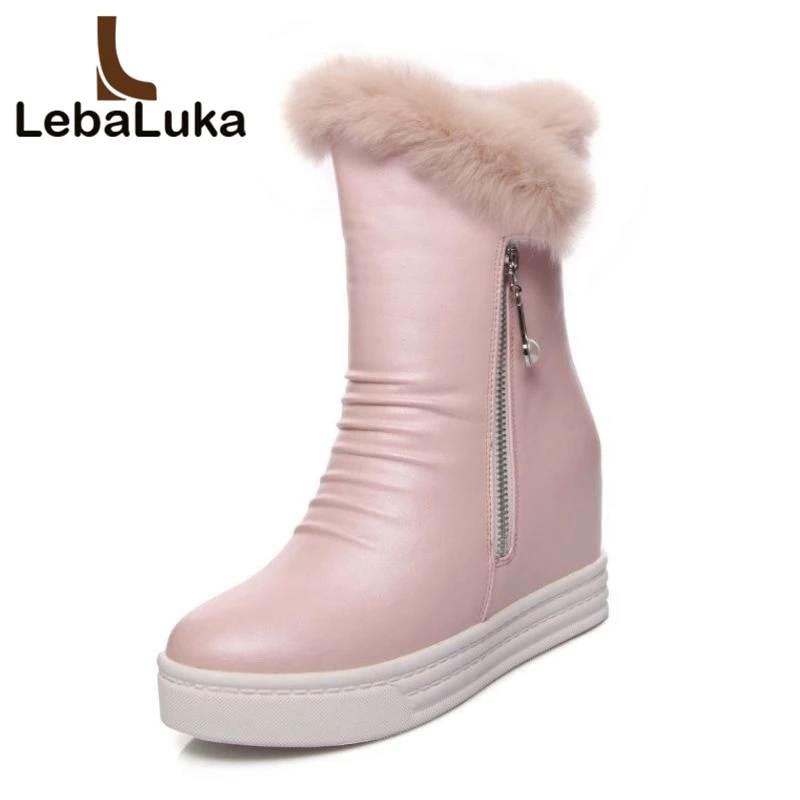 

LebaLuka Winter Warm Fur Inside Mid Calf Snow Boots For Women Thick Platform Height Increasing Wedges Winter Botas Size 34-39