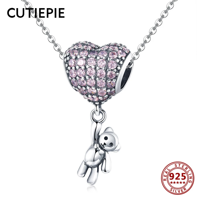 CUTIEPIE Новый 100% реальные 925 пробы Серебряный медведь Холдинг сердце ожерелье с