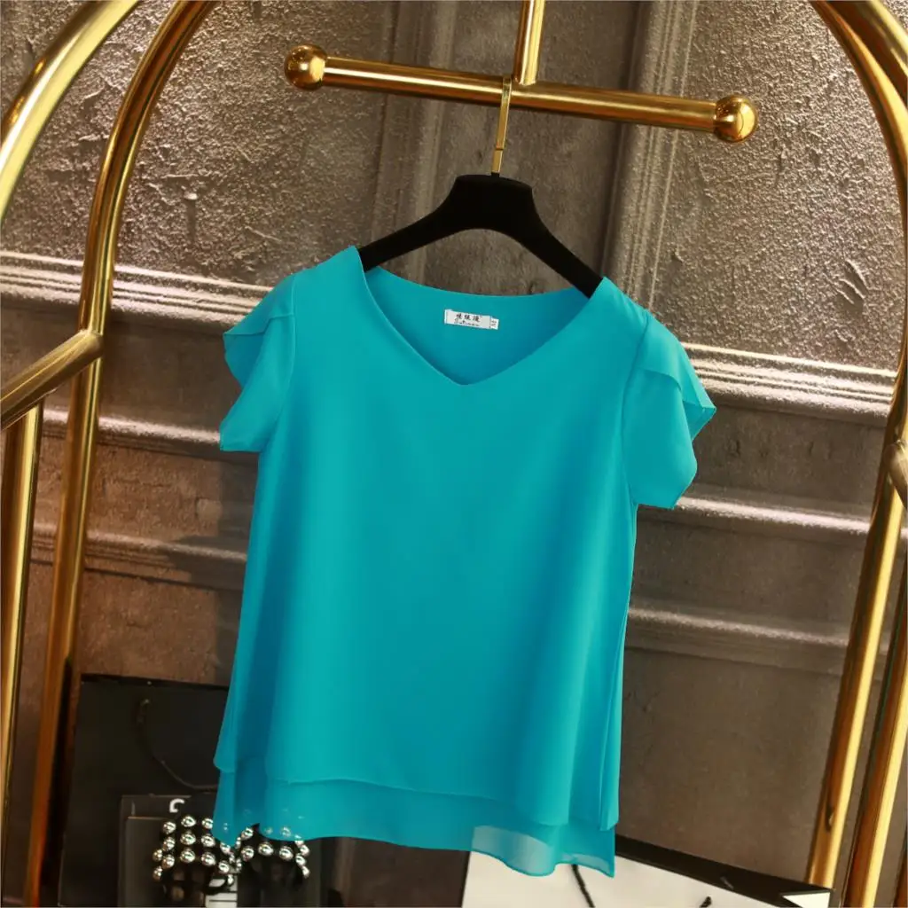 YUANYU Fashion Brand Women Chiffon Shirt 2019 Summer Short sleeve V-neck Blouse Casual 9 Solid color Loose obesity Lady Tops
