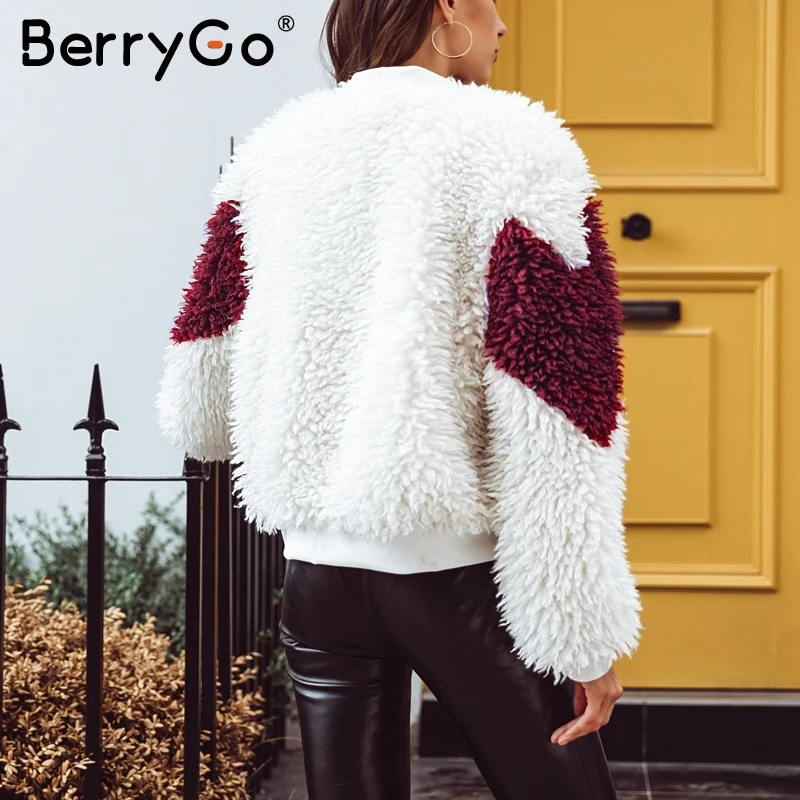 Taille Zipper 2018 Épais Femmes Rouge La Streetwear Red Casual Chaud Femelle Berrygo Faux Fourrure Automne Plus D'hiver White Manteau Pardessus Splice xvTq0n64pw
