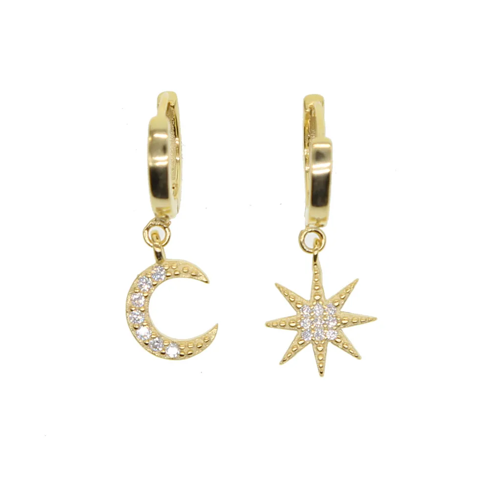 

Hot Selling star moon asymmetrical Gold Color dangle Earings Jewelry real 925 sterling silver women wedding bling earring 2019