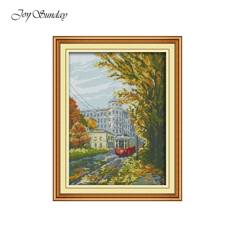 

Joy Sunday Tram Cross Stitch Landscape Painting Patterns 11CT 14CT DMC Embroidery Needlework Sets Printed Canvas Wall Home Decor