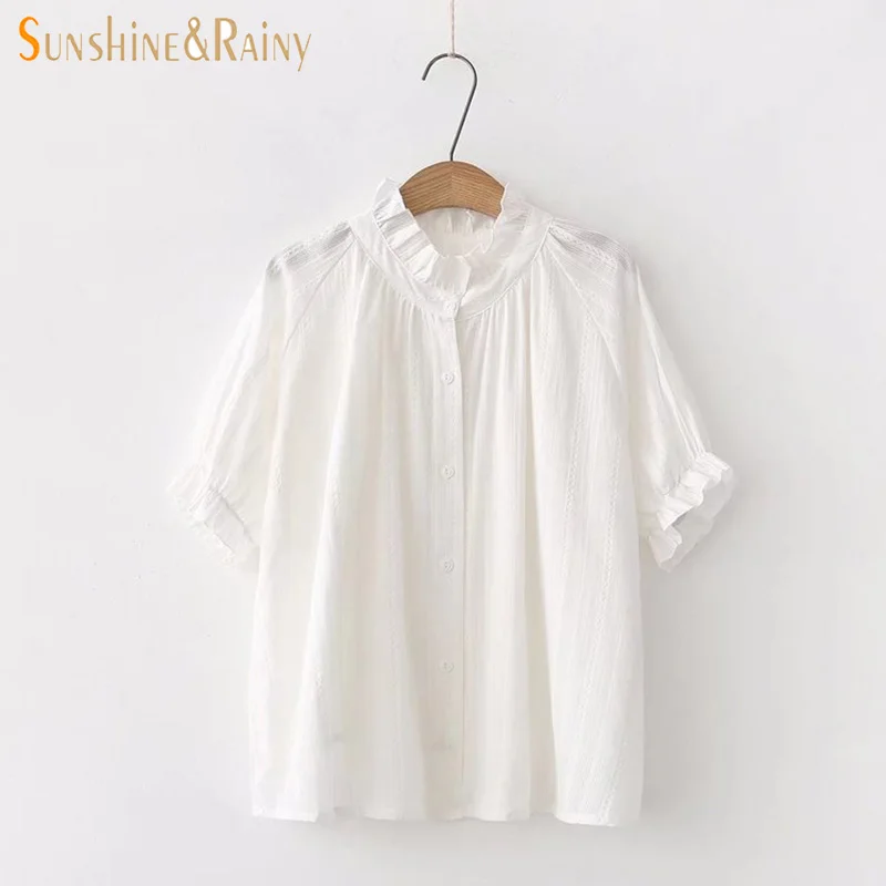

Female Small Fresh Ruffles Stand Collar Loose Large Size Short Sleeved Pure Cotton White Shirt Summer Student Sweet Blouse New