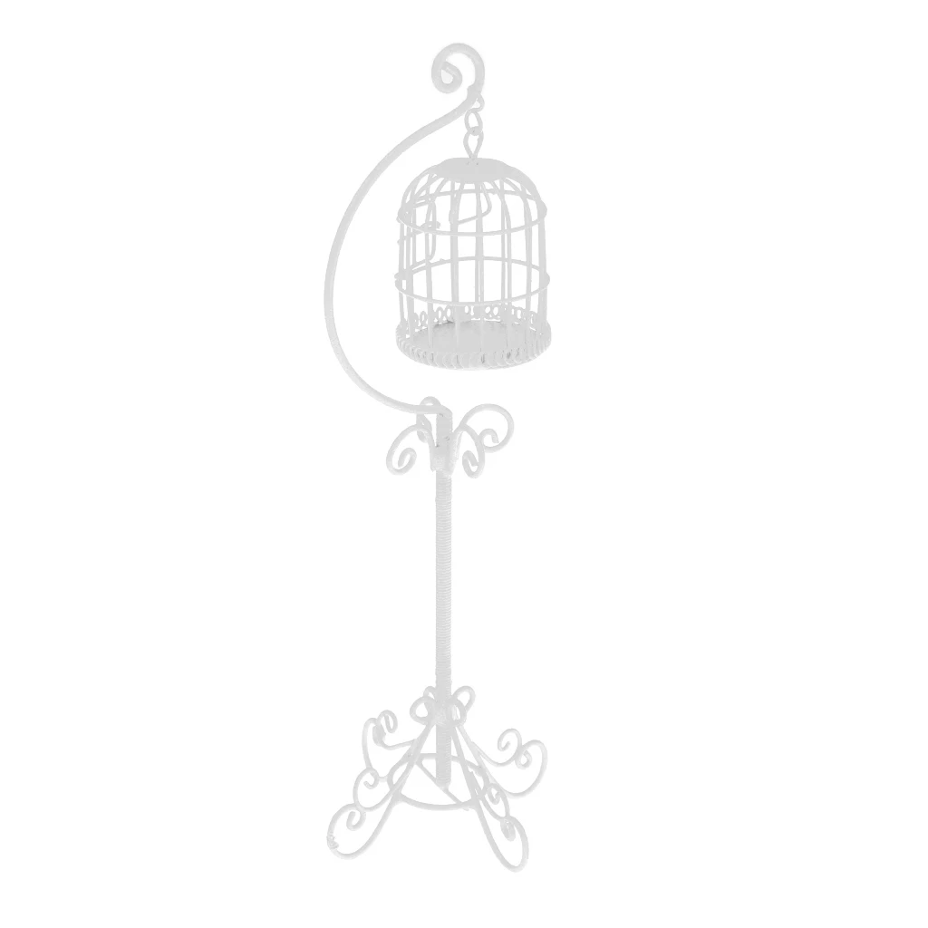  1:12 Scale Metal Bird Cage with Stand Dollhouse Miniature White dollhouse birdcage with holder stand well designed