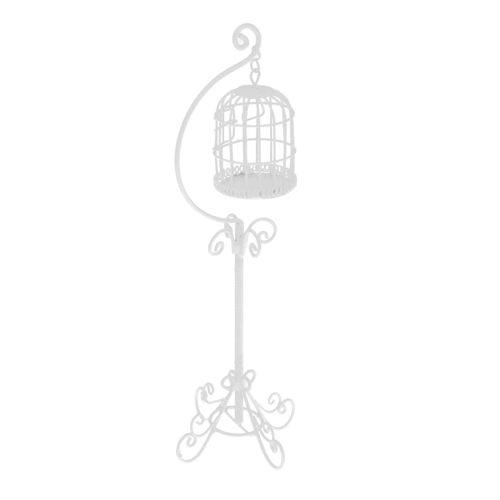 1:12 Scale Metal Bird Cage with Stand Dollhouse Miniature White dollhouse birdcage with holder stand well designed