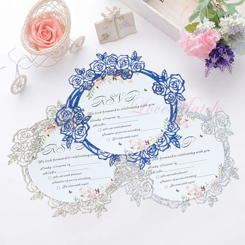  50pcs Flower Glitter Paper Laser Cut Invitation Cards Wedding Invitations Card With Envelope Weddin - 32981012699