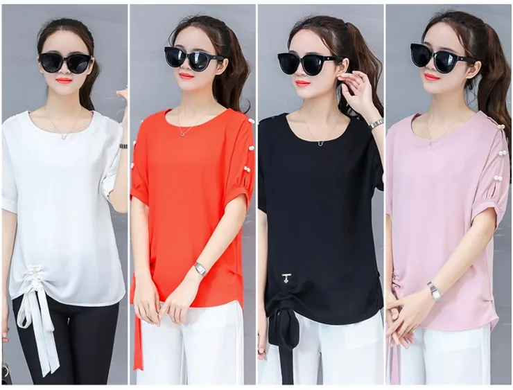 2018 New Arrival Chiffon Blouses Women Shirts Plus Size Beading Tops Female Fashion Short Sleeve O-neck Blusas Femininas  (1)