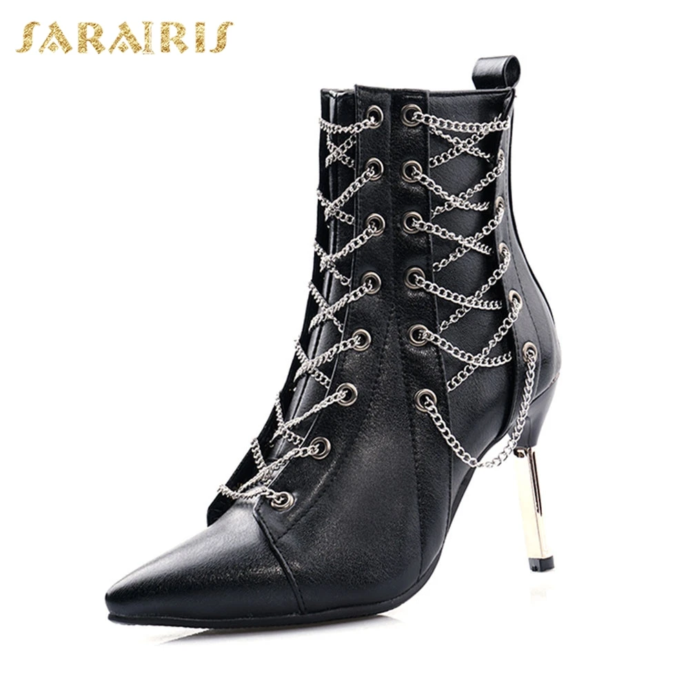 

Sarairis Brand New Plus Size 32-48 Ladies High Heels Chain Pointed Toe Shoes Woman Casual Party Sexy Autumn Winter Ankle Boots