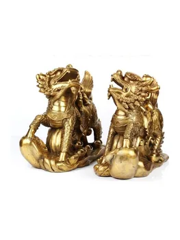 

China Brass Copper Feng Shui Two Child Boy Ride on Kirin kylin Foo Dog Lion Pair