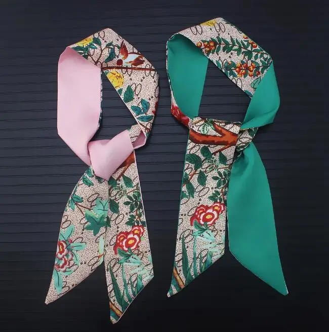 

2018 New Bohemian flower Silk narrow long Scarf Wholesale Tied Bag Handle Small Scarf Bow Hair band head skinny scarves