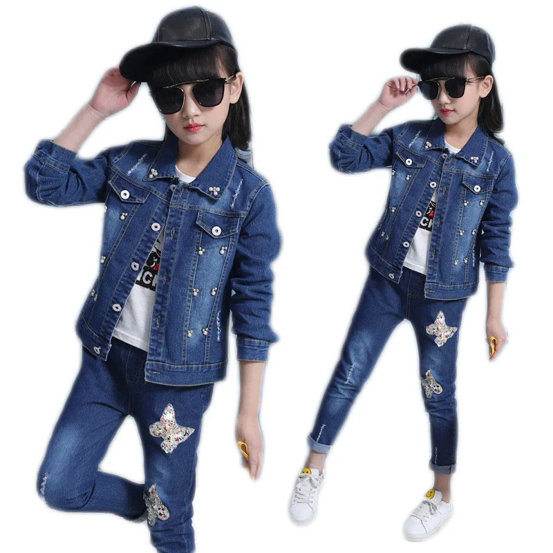 

Sequined Butterfly Girls Jeans Clothing Set Autumn Children Girls Jean Jacket+Denim Pants 2pcs Denim Suit Kids Clothing Sets A11