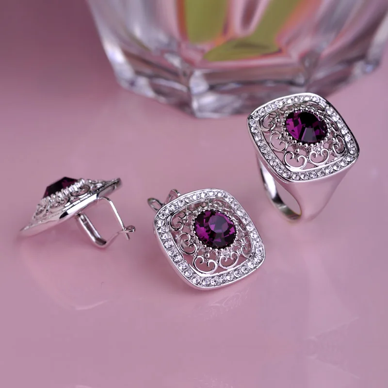Blucome новые квадратный фиолетовый кристалл серьги кольцо комплект ювелирных изделий для девочек Для женщин свадебное платье для торжеств вечерние аксессуары лучший подарок