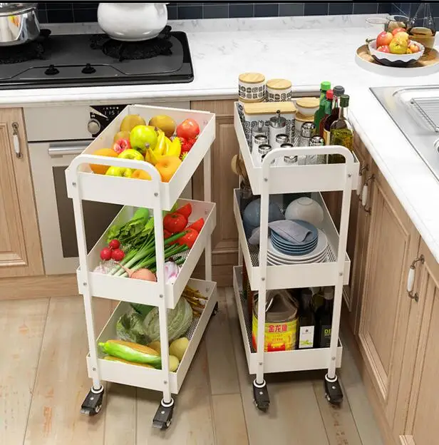  A three-story trolley is fitted with a rack of kitchen supplies and a rack of kitchen utensils. - 32850967801