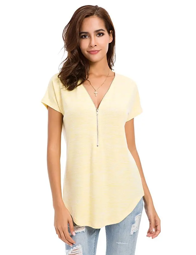 Женские Весенние футболки с коротким рукавом на молнии, цветные хлопковые женские футболки с глубоким v-образным вырезом, женские футболки, свободные летние сексуальные топы в полоску - Цвет: Yellow