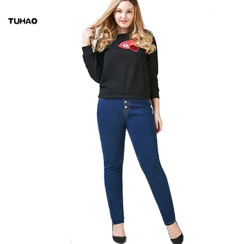 

TUHAO 2017 plus size High Waist Woman Denim Pencil Pants streetwear big size Jeans Pants Women Jeans casual female pants PT12