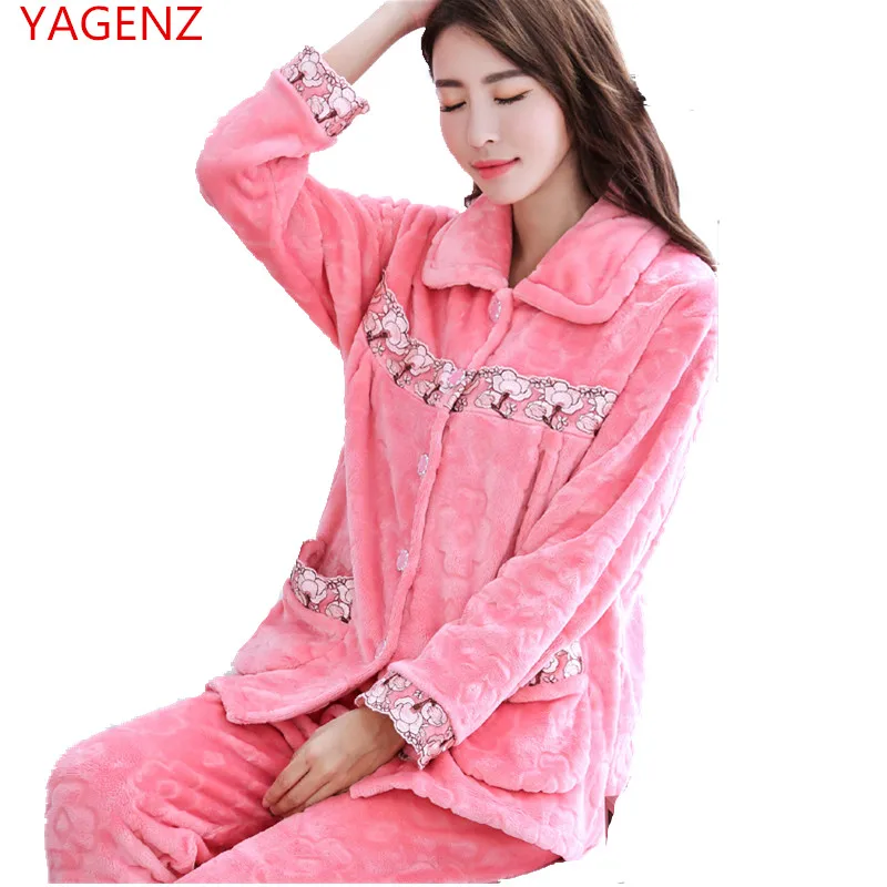 

Autumn Winter Lady suit New Flannel pajamas Printing 2 Piece set women plus-size Women's home wear Long sleeve warm pajamas