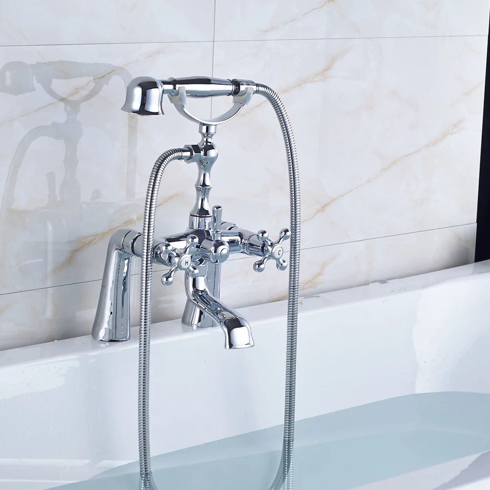 

Chrome Polish Deck Mounted Shower Bathroom Tub Faucet Dual Handles W/ TELE Hand