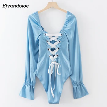 

Efvandoloe Sexy Women Bodysuits Lace Up Jumpsuits Flare Sleeve overalls for women Jumpsuit Body Summer
