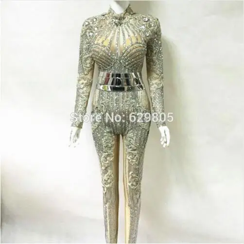 

Fashion Bright Crystals Diamonds Party Rompers Costumes Female Singer Performance Prom Celebrate Outfit Bodysuit