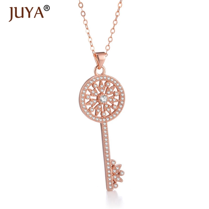 fashion statement necklaces for women Luxury Jewelry Copper Zircon Rhinestone Key Pendants Necklace Silver Femme - Metal Color: rose gold