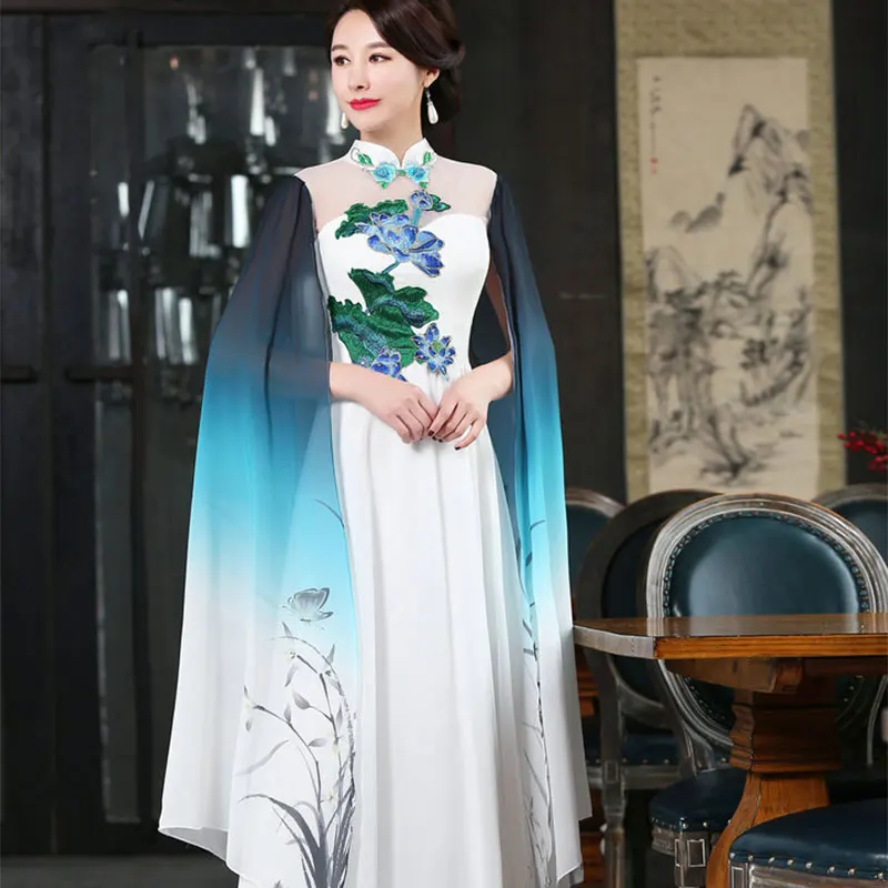 

2019 new slimming modified cheongsam skirt long style performance guzheng chorus solo female stage show costume