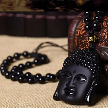 

Unique Large Natural Black Obsidian Carved Buddha Blessing Lucky Amulet Pendant with Necklace Luck Gemstone Crafts Gift