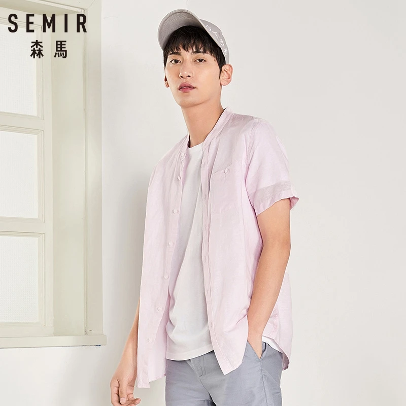 سمير رجل لينة القطن الكتان ياقات قميص الرجال قصيرة الأكمام قميص في ريجوالر صالح الرجال عارضة قميص الذكور أعلى ملابس الصيف