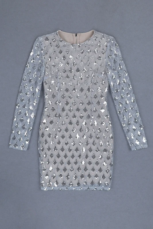 Высококачественное серебряное облегающее Бандажное платье с длинными сетчатыми рукавами из вискозы, Сексуальные вечерние облегающие платья