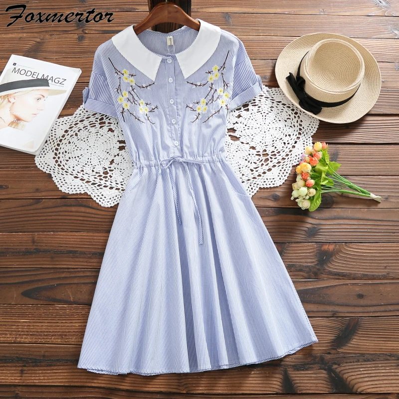 Women Summer Dress Striped Floral Embroidery Elegant Ladies Short Sleeve Sundress Female Mini Shirt Party Vestidos E140 | Женская одежда