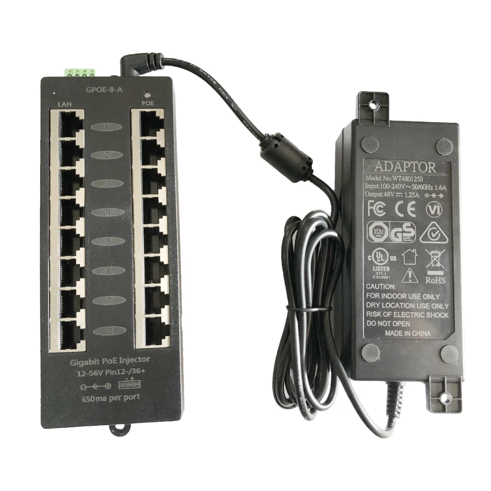 8 портов Gigabit Power over Ethernet PoE инжектор для 802. 3af/пассивных устройств 802.3at с 48v60w