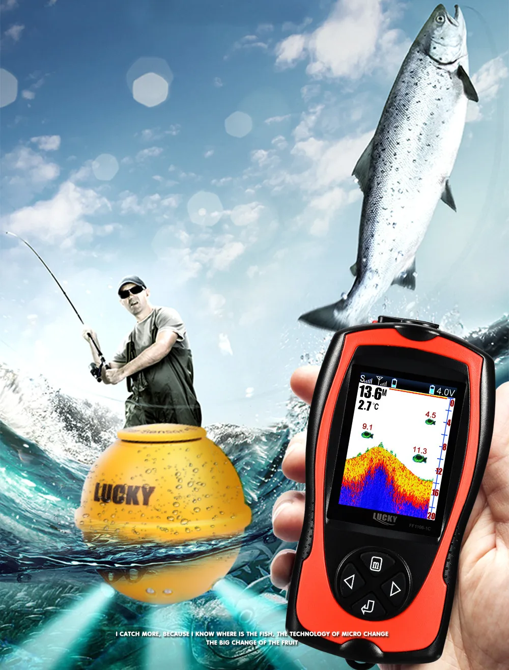 Sonar Fish Finder for Fishing FF1108-1CWLA English&Russian Menu Wireless Sonar Color Fishfinder 147ft/45m Water Depth Sonar Fish
