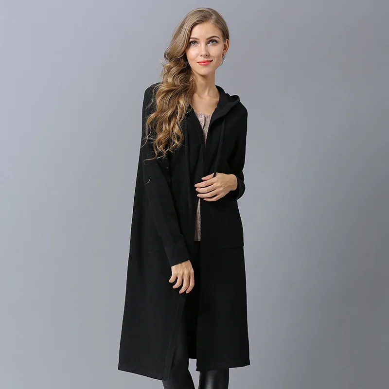 Осенний свободный длинный вязаный кардиган вязаный свитер Sueter mujer Invierno длинный рукав женский свитер с шапкой Hx001 - Цвет: black
