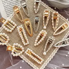 Fashion Pearl Hair Clip Geometric Rectangle Water Drop Hairpins Metal Gold Color Hair Styling Accessories