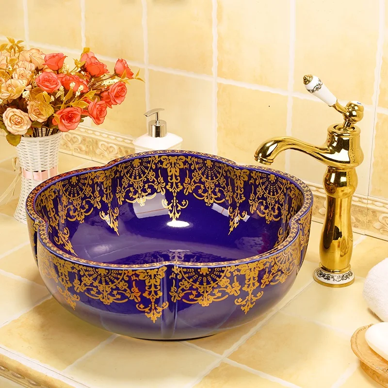 Europe Vintage Style Hand Painting wash basin Art Countertop bathroom hand painted sinks flower shape gold pattern bathroom sink (14)