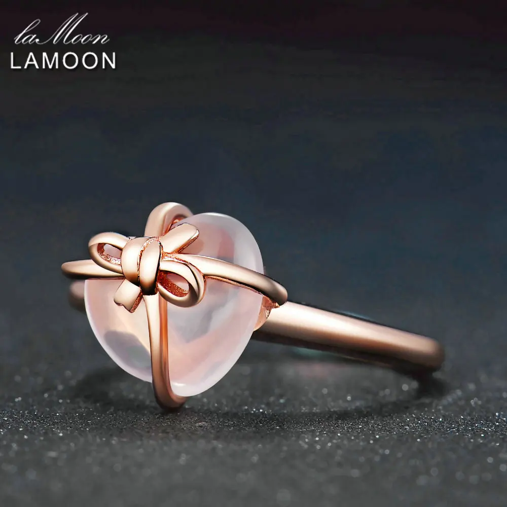 LAMOON Heart 9x10mm 100% Natural Gemstone Rose Quartz 925 Sterling Silver Jewelry Wedding Ring with LMRI051
