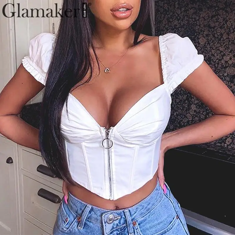 Glamaker قصيرة نفخة الأكمام الصيف خمر المرأة قمم v الرقبة الأبيض البنطال القصير قميص الإناث سستة قصيرة المحاصيل بلوزة قميص قمم