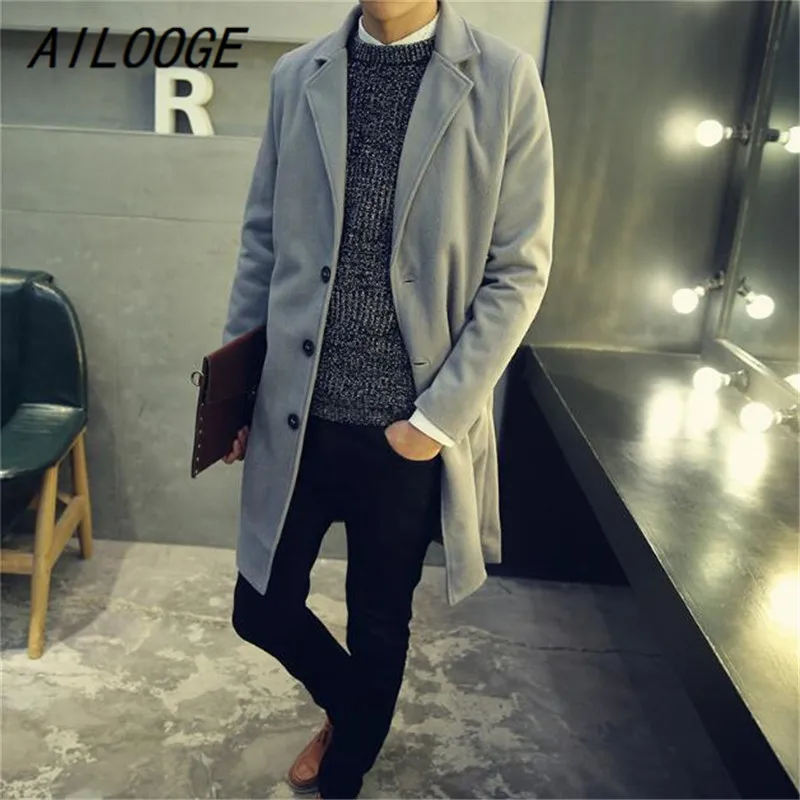 AILOOGE 2017 Hot Sale Trench Coat Men Tops Single Breasted Trench Coat High Quality Woolen Cloth Fabric Men's Long Trench Coats