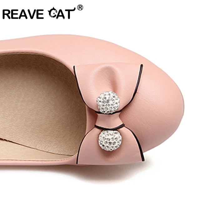 REAVE CAT Shoes women Low heels Ladies pumps Wedges Bow Rhinestone Glitter Fashion Cute Big size Spring summer shoese RL3523