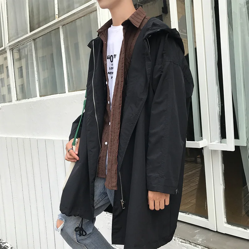 2018 Autumn New Arrival Man Windbreaker Fashion Solid Color Handsome Hooded Loose Leisure Time Overcoat | Мужская одежда