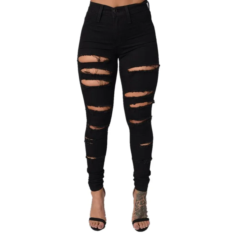 Высокая талия Рваные Деним узкие джинси штаны с дырками плюс размеры пикантные для женщин рваные джинсы Тонкий черный, белый цвет узкие