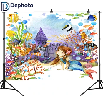 

DePhoto Photography Backdrops Mermaid Birthday Party Sweet Girl Underwater Pastel Color Fish Coral Bubble Photo Background