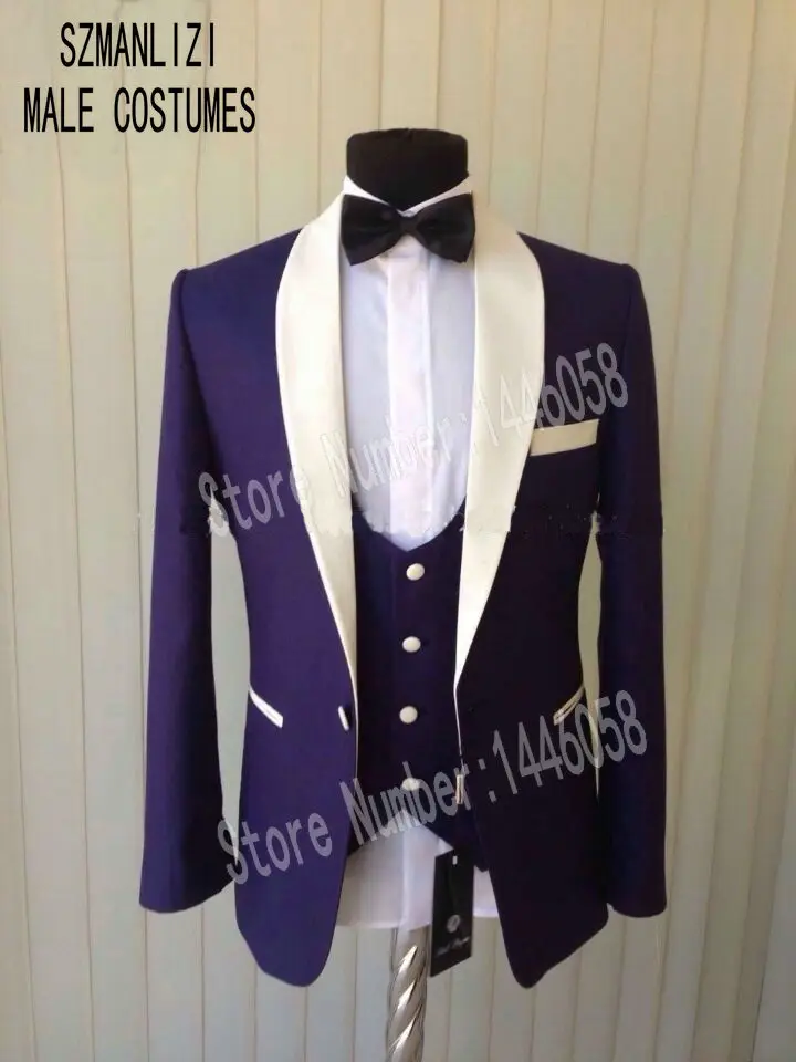 الرجال بدل زفاف 2018 مخصص الحقيقي عنابي رفقاء الأبيض شال طية صدر السترة العريس بدلة رجالي سهرة الزفاف/حفلة موسيقية الدعاوى 3 قطع