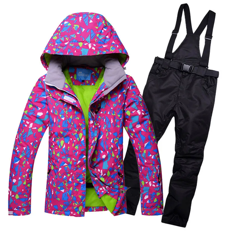 RIVIYELE, Водонепроницаемая спортивная одежда, женский лыжный костюм, женская зимняя Лыжная одежда, топ с капюшоном, куртка, штаны на лямках, зимняя куртка и штаны - Цвет: MHK and Black